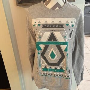 Volcom Gray Sweatshirt with Teal and Black Geometric Design